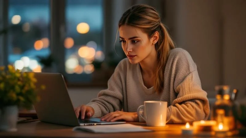 Frau in Gelsenkirchen lernt am Abend am Laptop für ihre IHK-Fortbildung