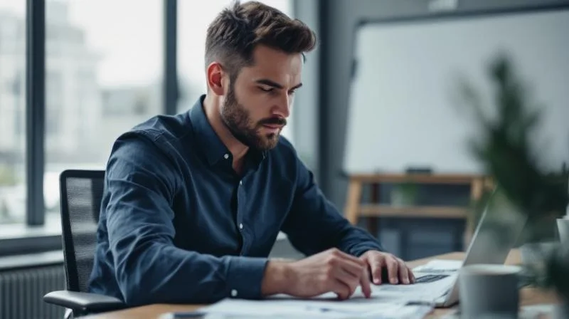 Mann am Laptop in einem modernen Büro in Gelsenkirchen, arbeitet konzentriert an seiner Weiterbildung