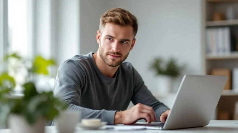 Mann sitzt mit Laptop in einem hellen Büro in Gelsenkirchen und arbeitet an einem KI-Kurs